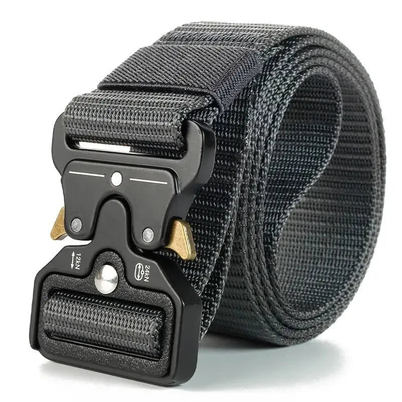 Men's thick canvas tactical belt with an alloy release buckle shown in Army Green colour.
