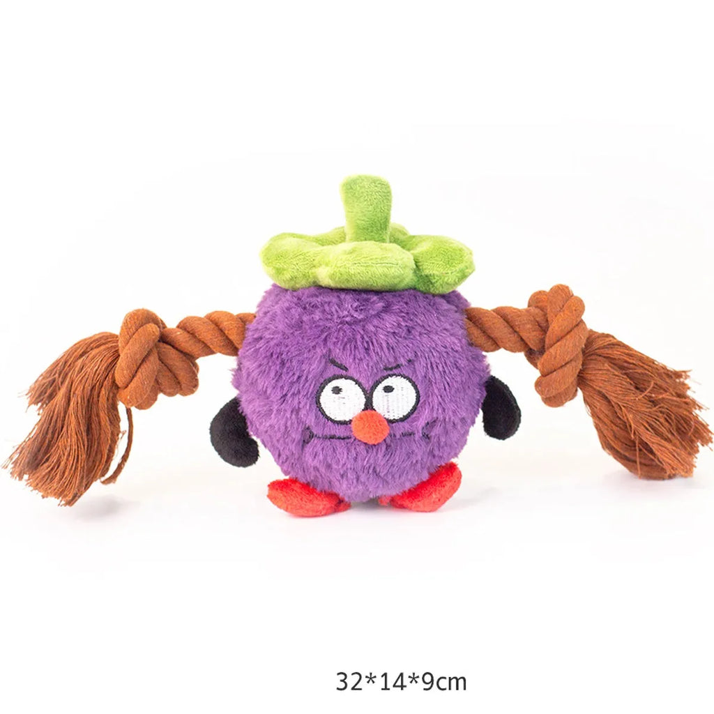Green and purple interactive plush dog toy with rope knots for tug of war.