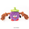 Green and purple interactive plush dog toy with rope knots for tug of war.