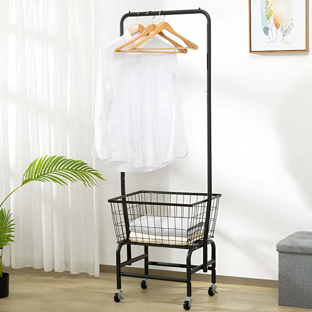 Single rod pulley storage car for wardrobe organisation with iron construction and caster wheels