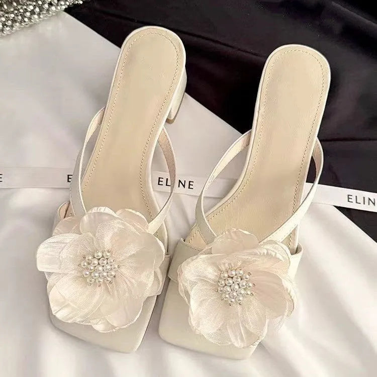 Korean style women's sandals with chunky heel, square toe, and satin upper in cream-white colour.