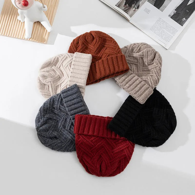 Women's wool knitted winter hat with dome crown in six colour options including red, grey, brown, white, khaki, and black