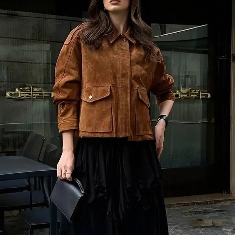 Women's brown polyester suede coat with regular sleeves on hanger