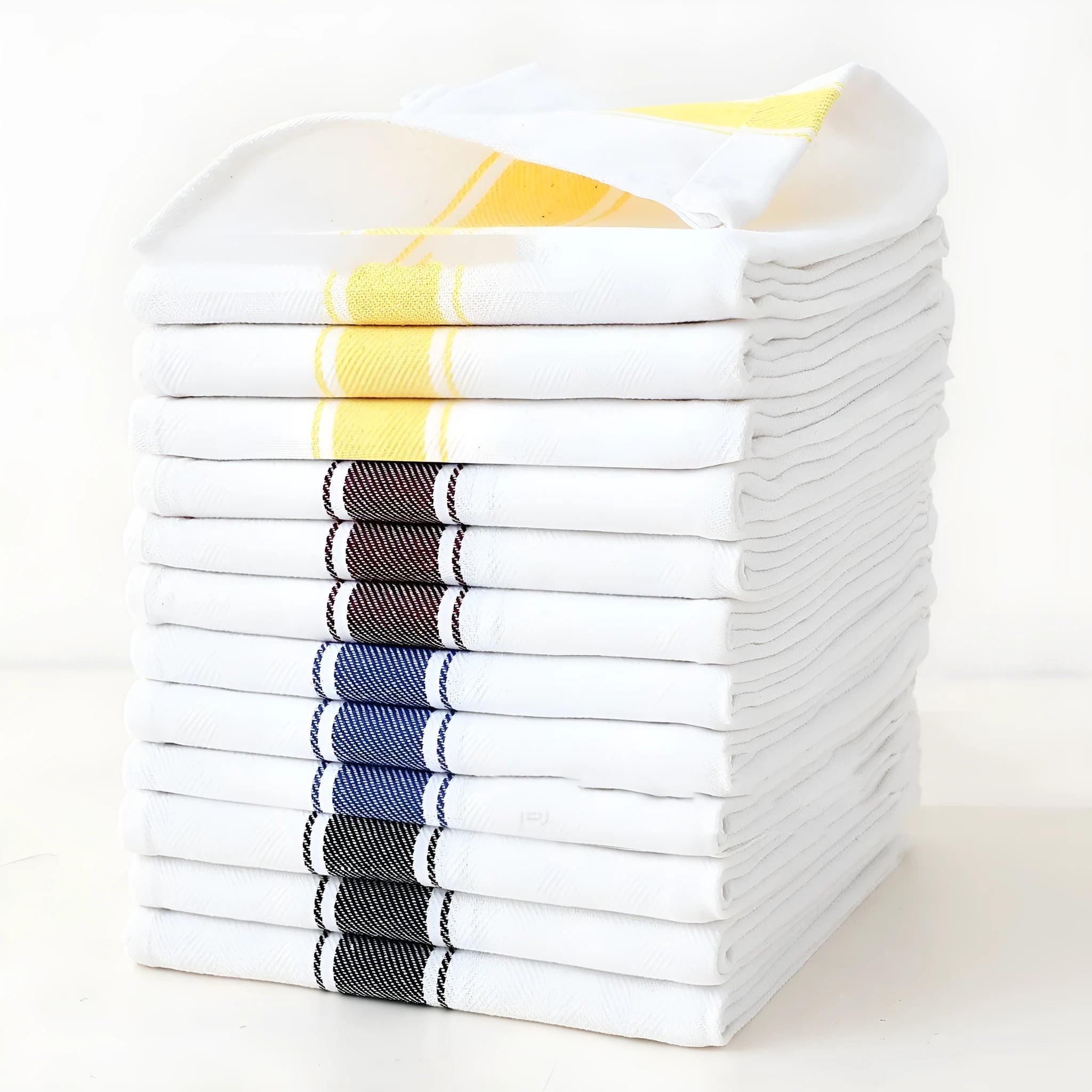 Set of twelve 48x70cm cotton polyester blend dish towels showing blue, yellow, brown, black, and striped colour options.