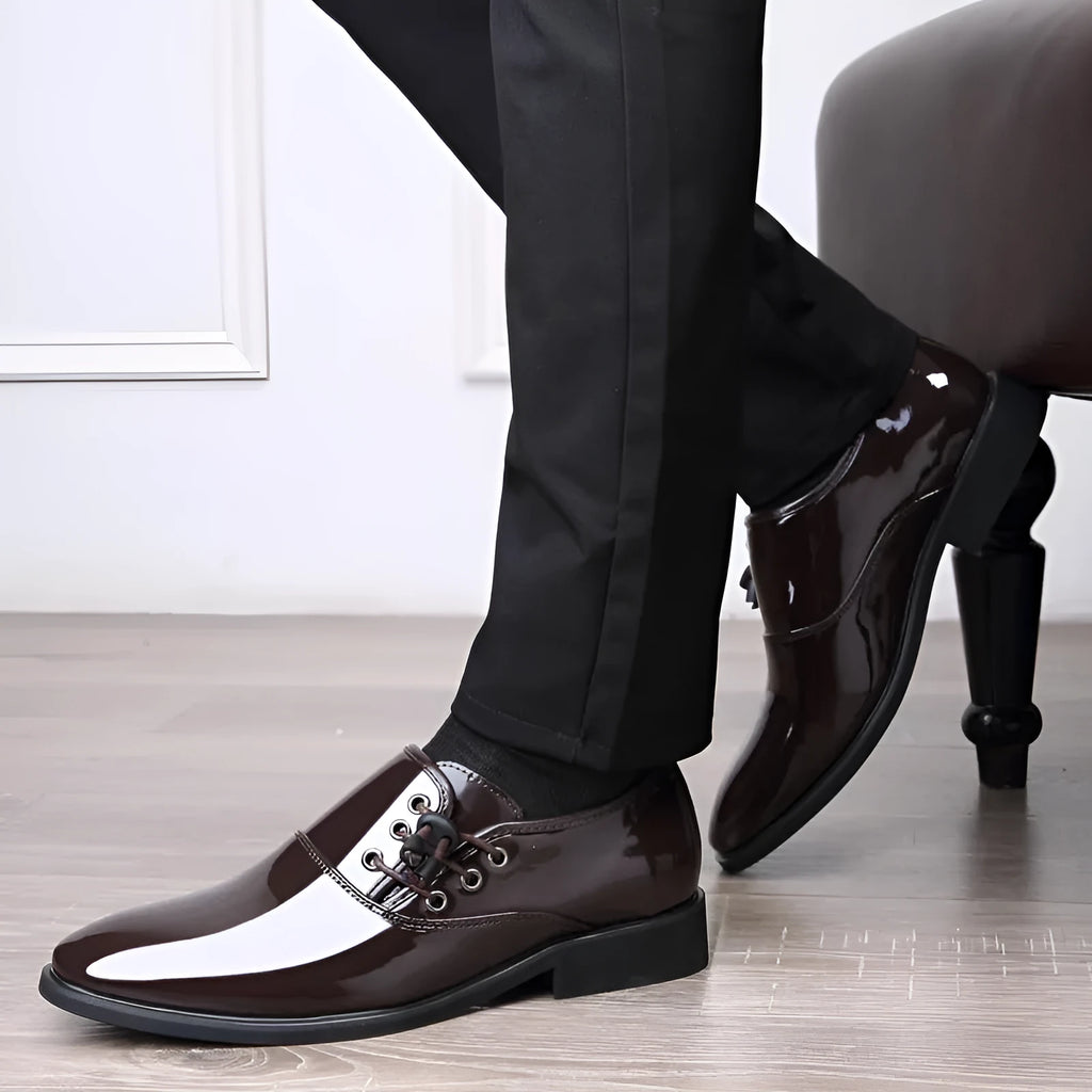 Men's black and brown business formal shoes with round toe and rubber soles