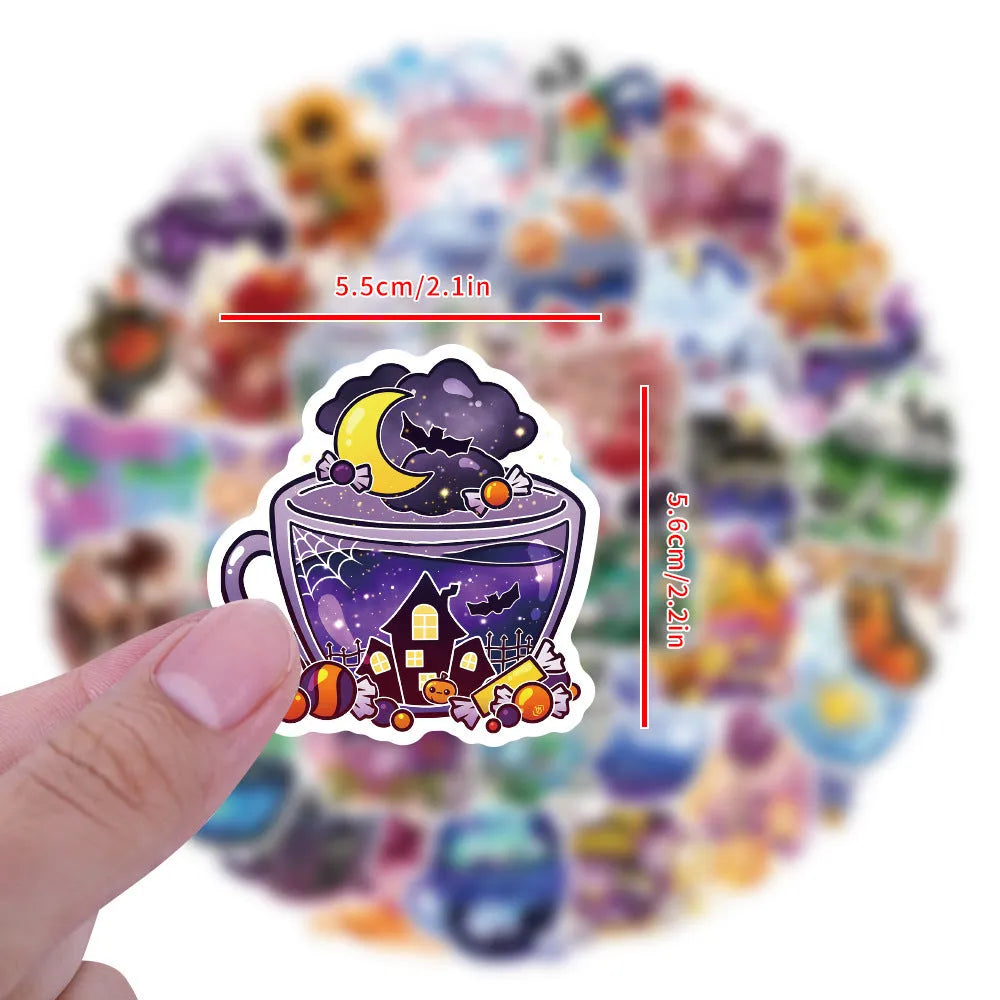 Waterproof colourful tea cup graffiti stickers set of 50 pieces for luggage and sports gear customisation