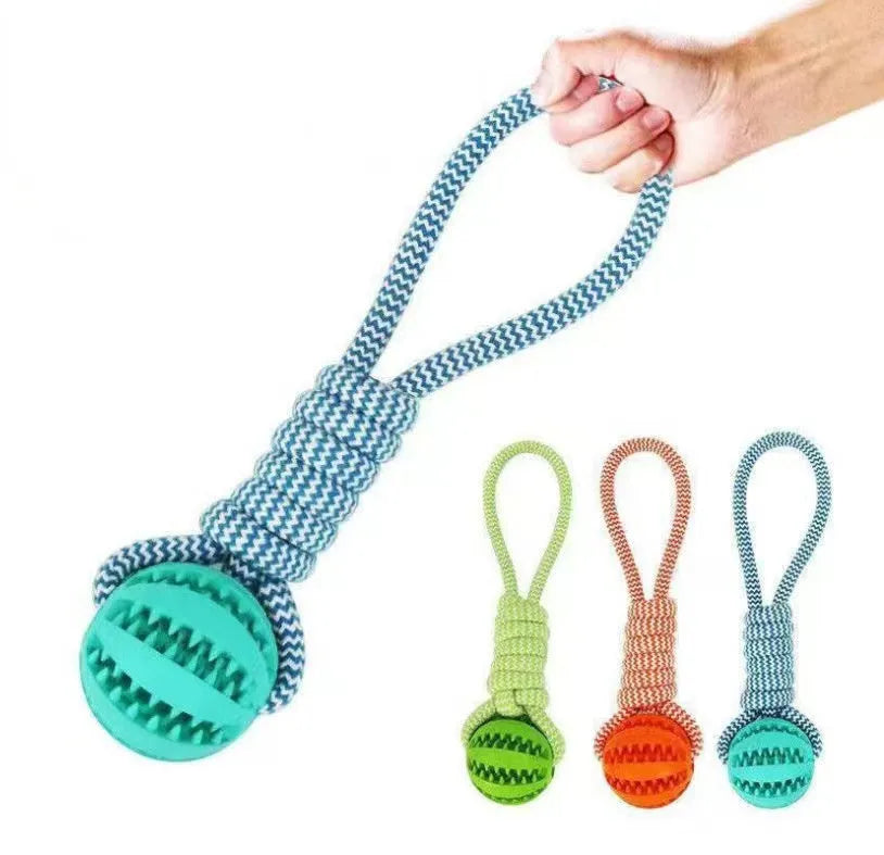 Blue TPR rubber rope ball dog toy for small dogs, measuring 36x6x6 cm, with cotton rope for tug-of-war