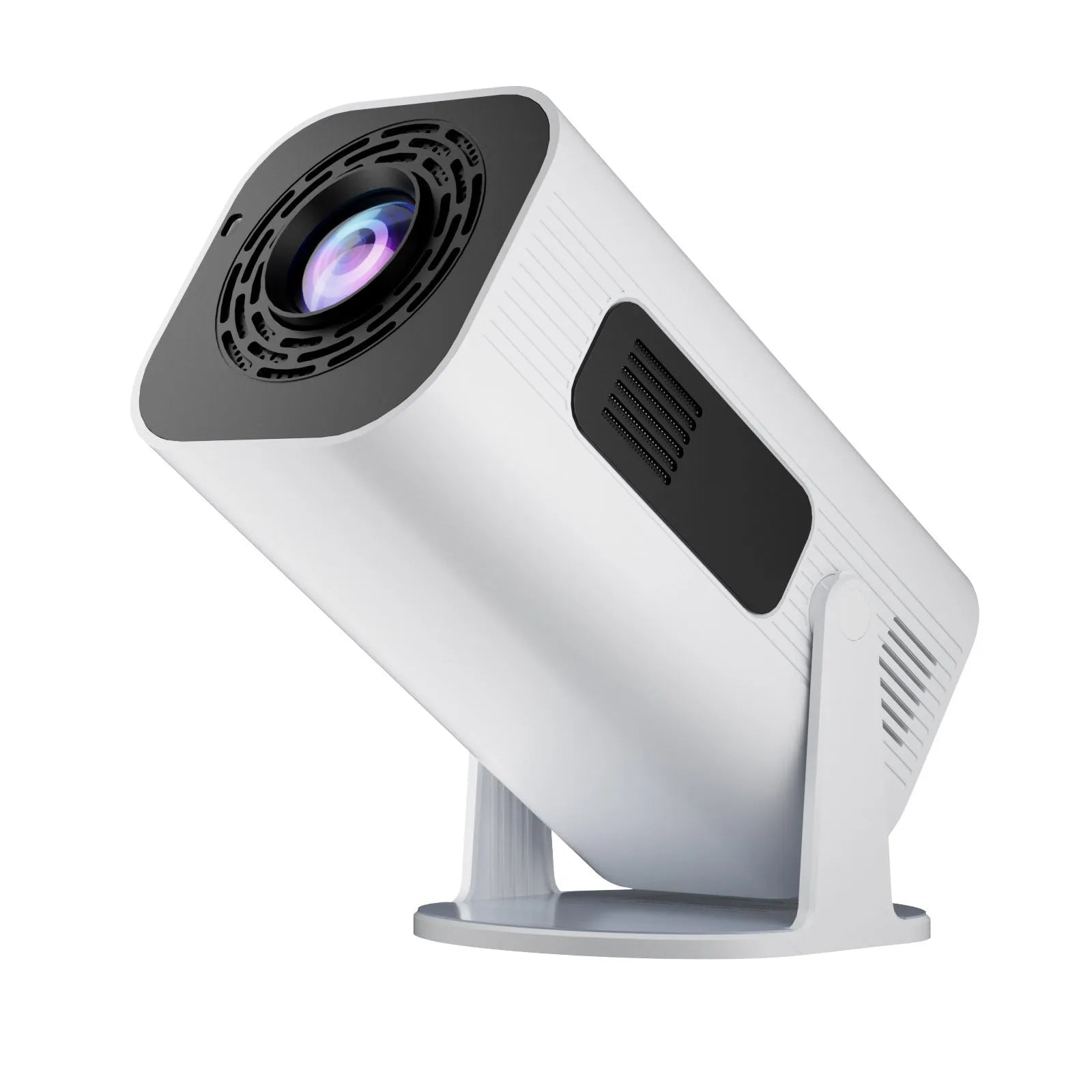 Black or white portable mini projector with remote control and power cord on plain background
