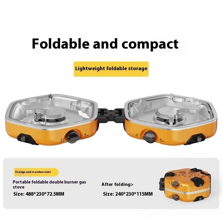 Orange portable double-headed butane camping gas stove folded and open on grass