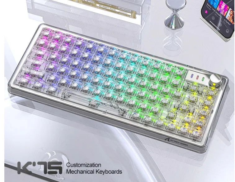 Attack Shark K75RGB wireless mechanical keyboard with transparent case showing internal components