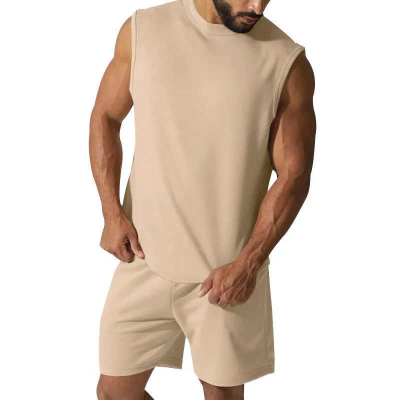 Men's sleeveless sports suit set in cotton blend with matching shorts in solid colour options