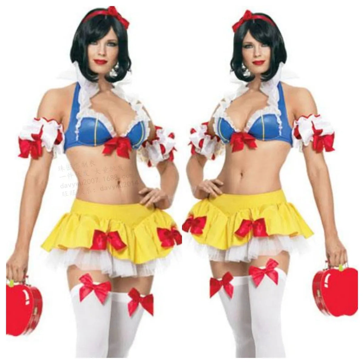 Anime Snow White costume set with headdress, top, short skirt, and hand sleeves on a hanger.