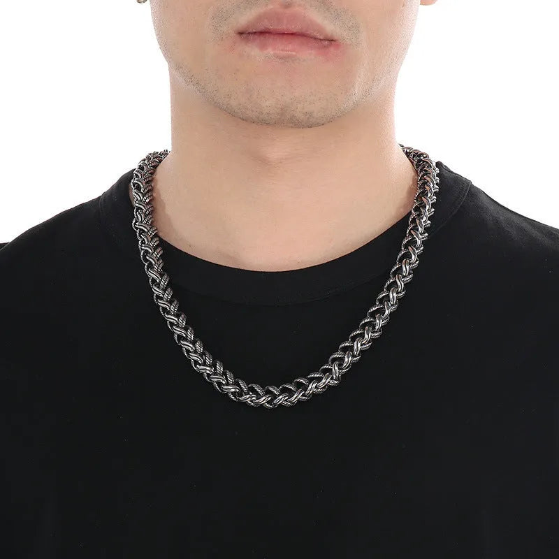 Men's titanium steel keel chain necklace with geometric pendant in antique silver finish