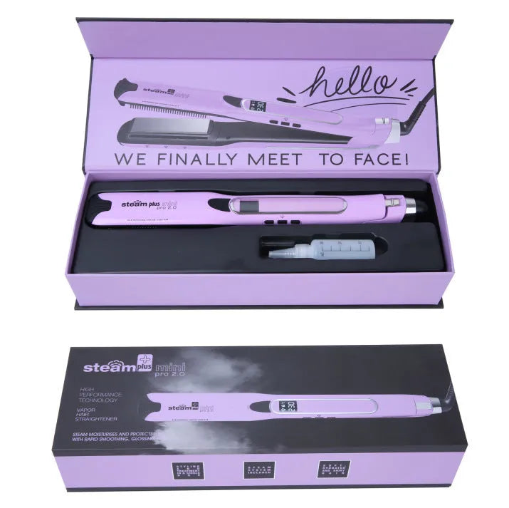 Mini steam spray hair straightener in purple, rose red or champagne colour with steam mist function