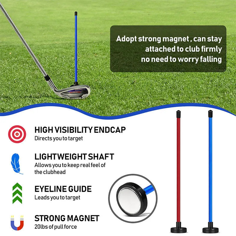 Blue aluminium alloy golf swing trainer with magnetic baseball bar for alignment.