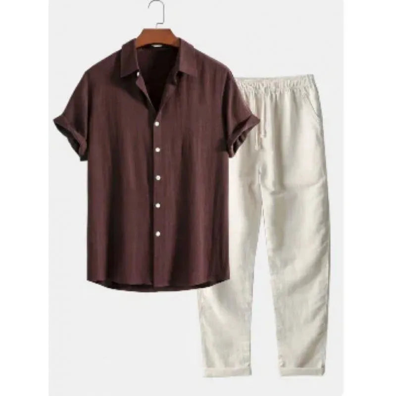 Men's light coloured linen-look casual short sleeve shirt and trouser two-piece suit set on a hanger.