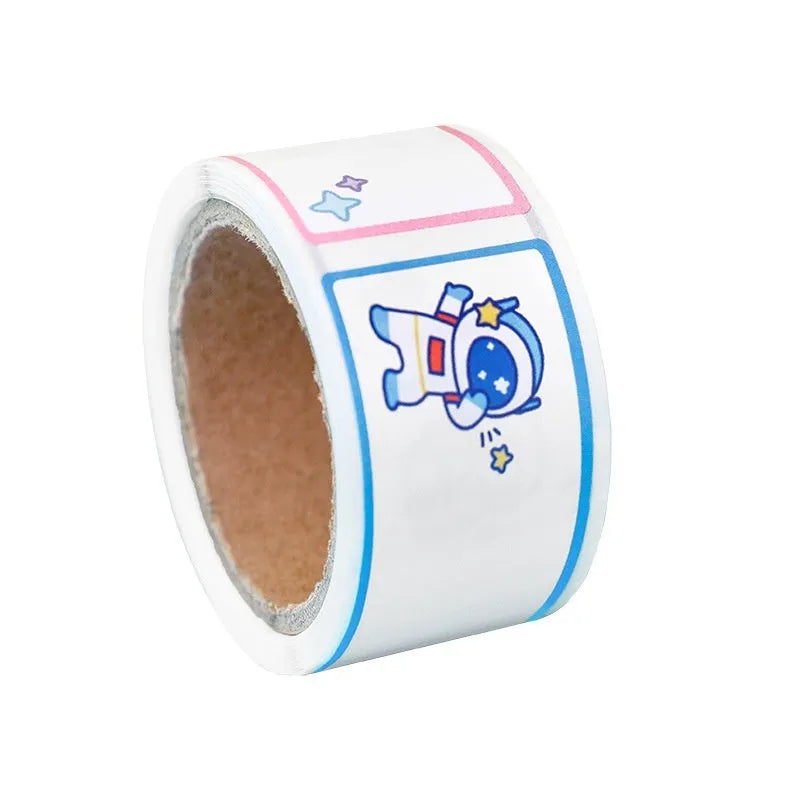 Roll of colourful cartoon stickers showing dinosaur, astronaut, rabbit, and girl design options for labelling.