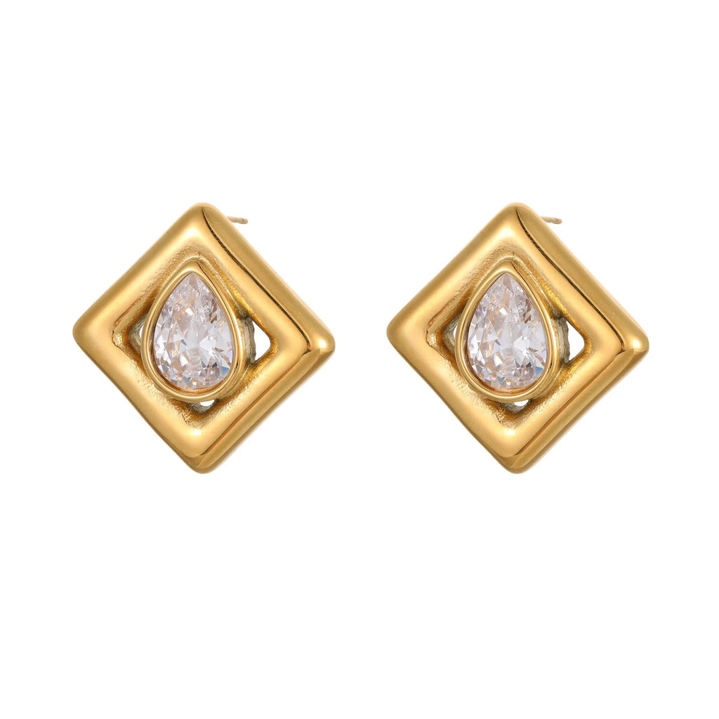 Geometric water drop shaped stud earrings with zircon inlay and gold electroplated finish