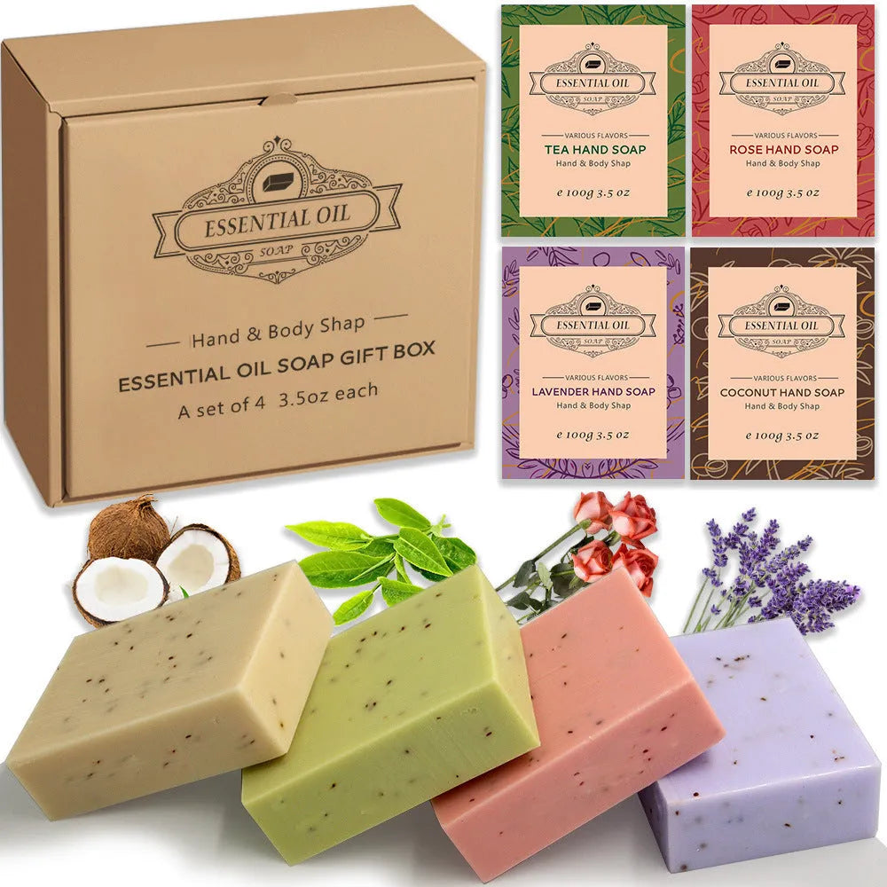 Frosted white handmade essential oil soap bar on a wooden dish with leaves, shown with Coconut, Green Tea, Lavender, and Rose variant labels.