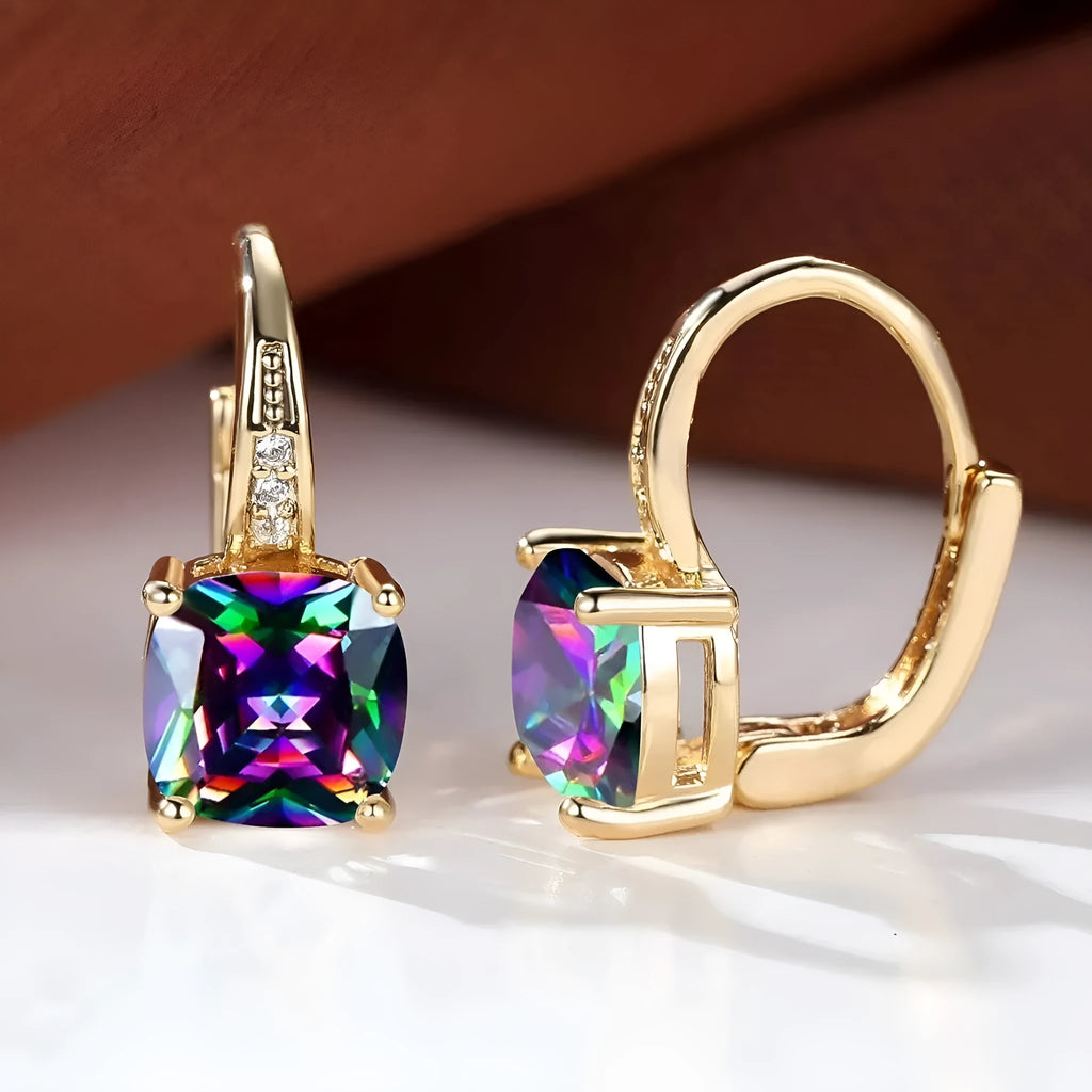 Square geometric ear clip earrings with colourful moissanite inlays and electroplated gold finish