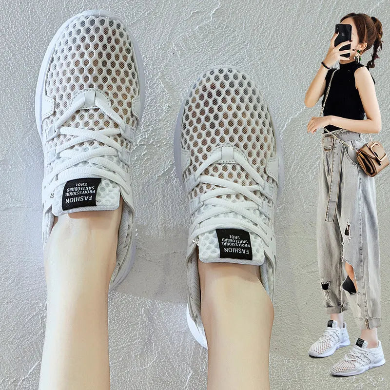 Breathable mesh sneaker with hollow-out design and a flat EVA sole, shown in a light colour on a neutral background.