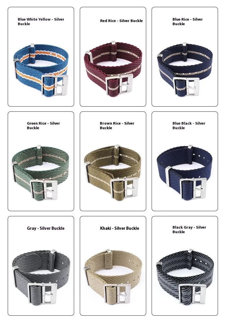 Nylon woven canvas watch strap with silver buckle in blue white yellow colour combination