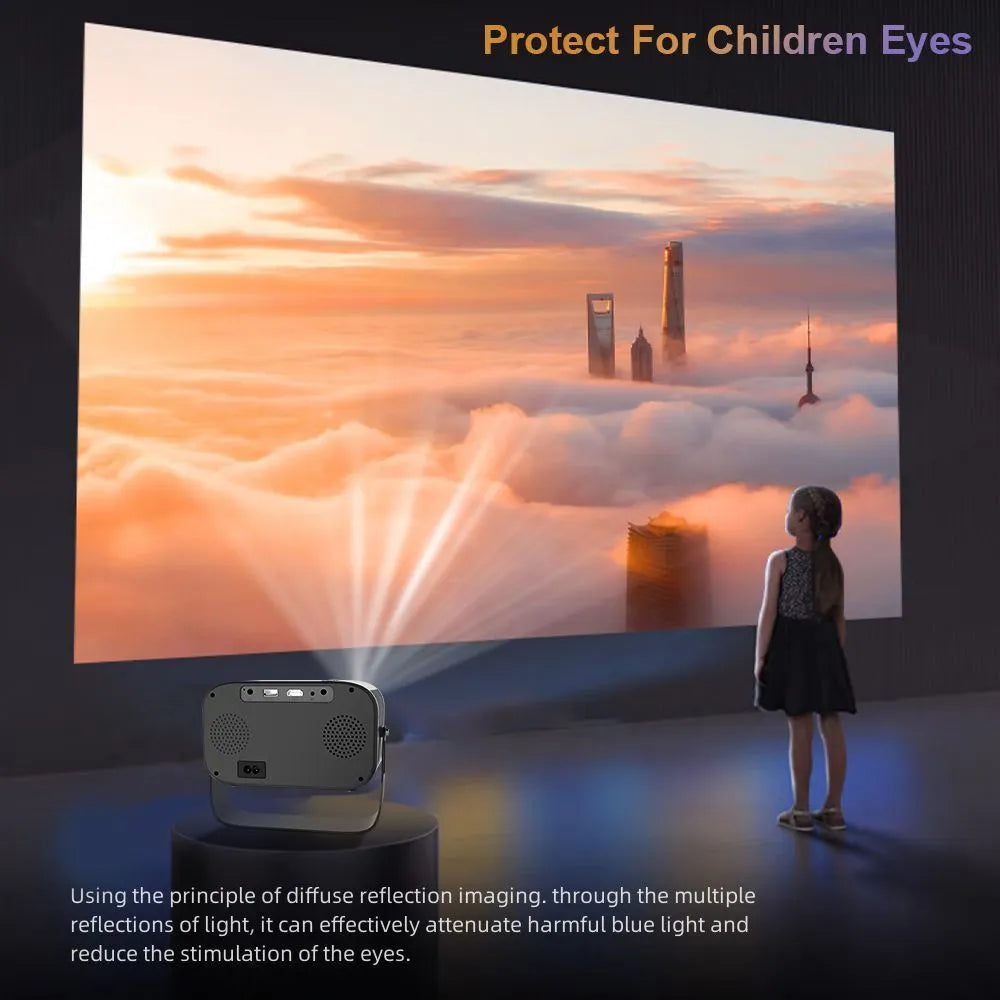 Black HD smart portable projector with remote control and multiple plug formats