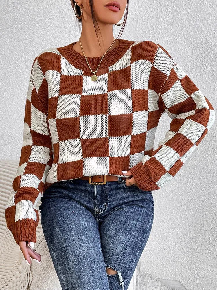 Dark brown plaid pattern acrylic pullover sweater with round neck and long sleeves