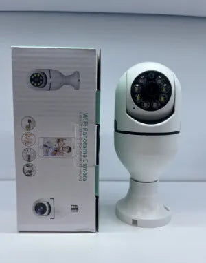 Wireless bulb security camera showing compact design with 1080p and night vision capabilities