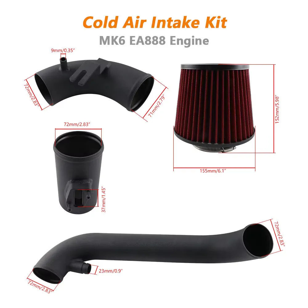 Car modification intake assembly with black duct and red air filter for Volkswagen EA888 GEN2 and EA113 engines