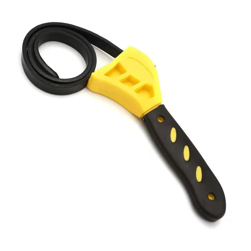 A 6-inch and an 8-inch adjustable rubber strap wrench with a phosphated metal handle.