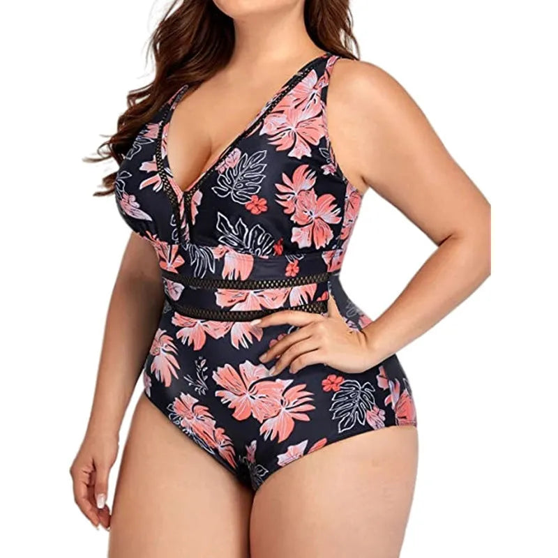 Black plus size women's swimsuit bikini with printed design and sleeveless cut