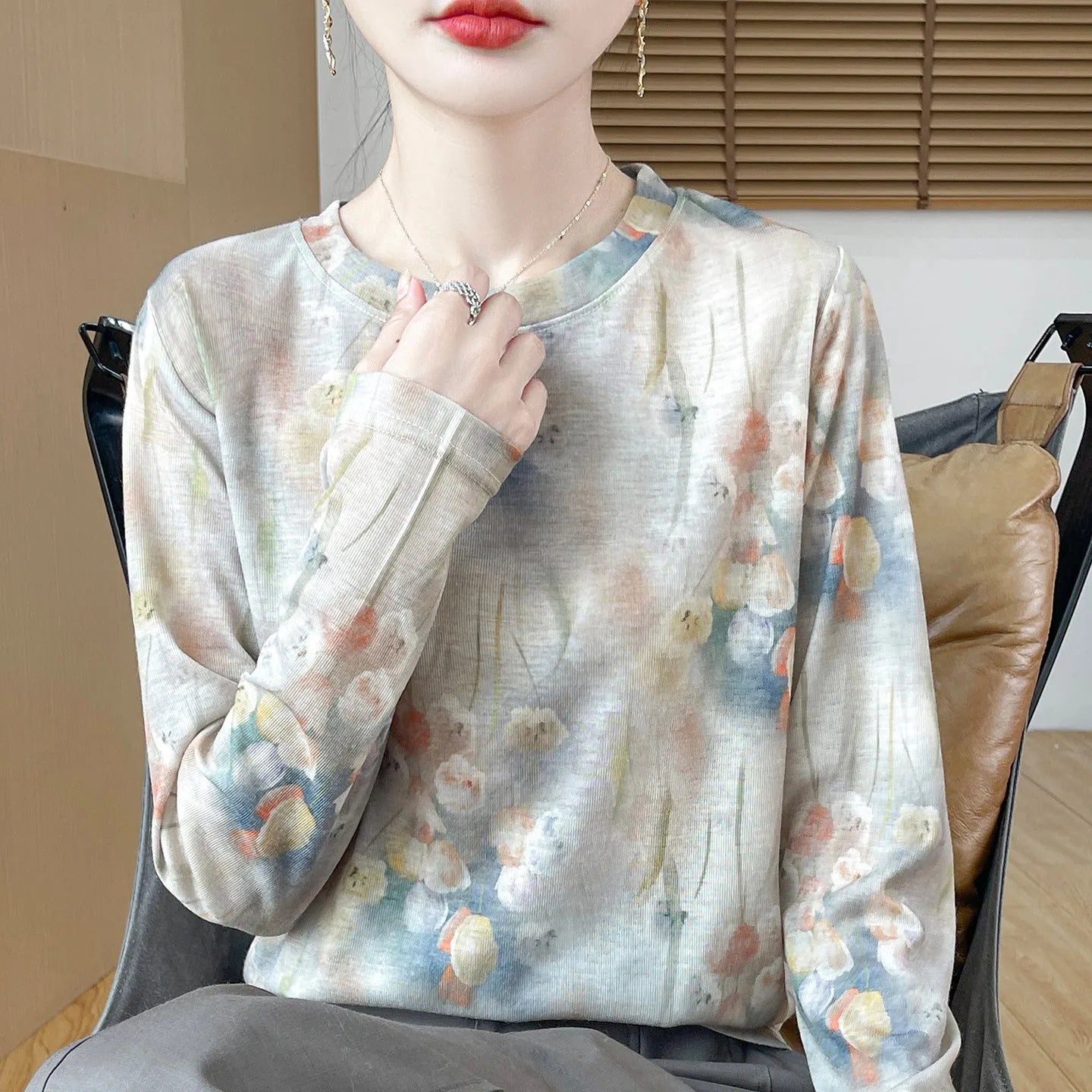Women's round neck Tencel cotton pullover shirt with floral print, shown in a basic style with regular sleeves.
