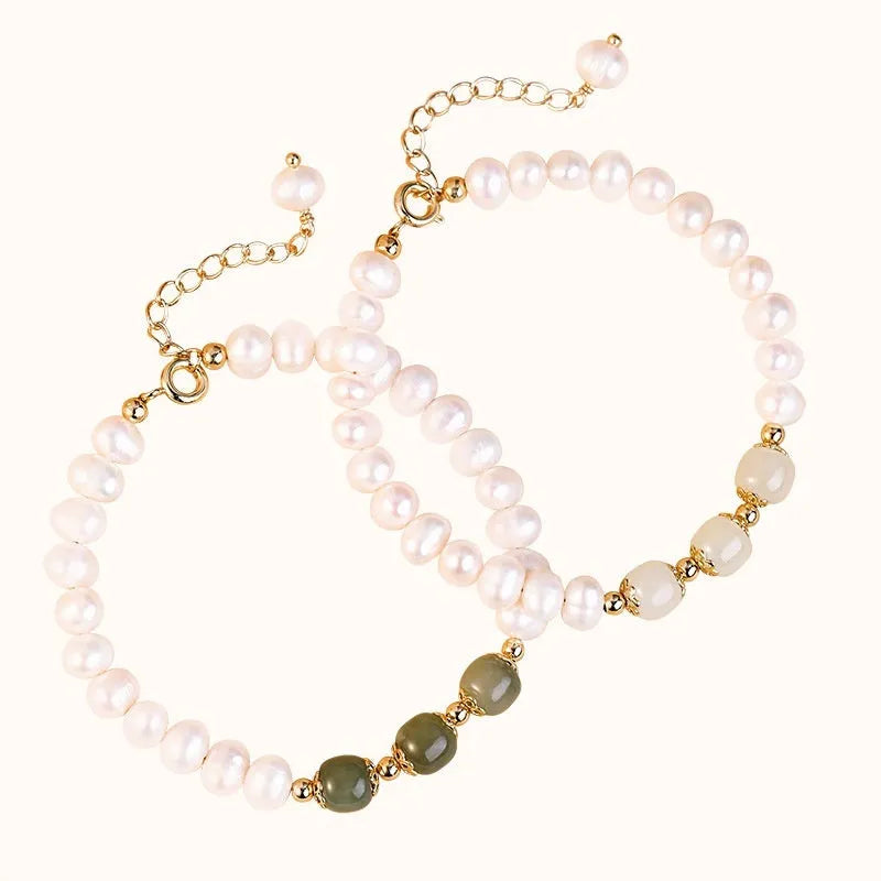 Korean style natural freshwater pearl bracelet with diamond-shaped beads in a Hetian jade electroplated finish.