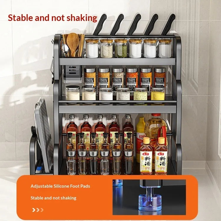 Carbon steel kitchen storage shelf floor rack with knife holder and six hooks