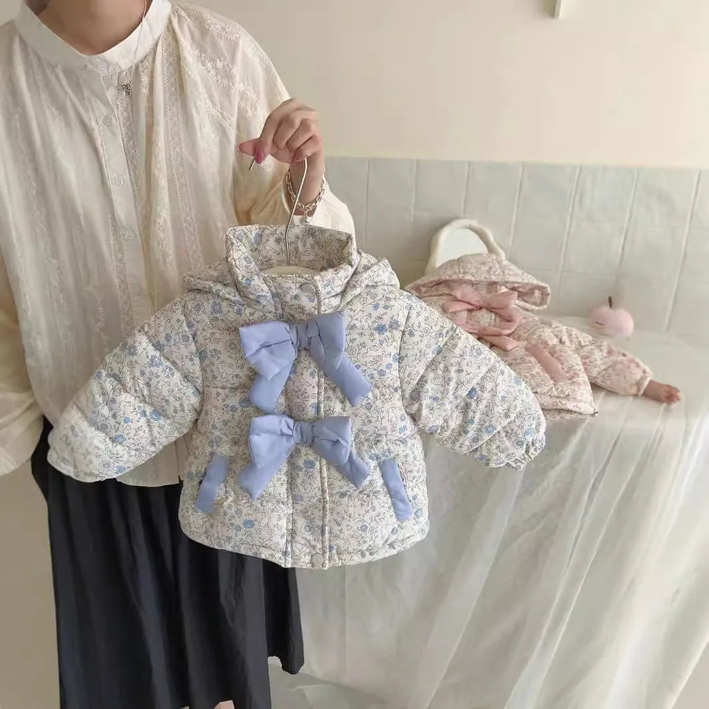 Baby girl floral print hooded winter jacket with bow in blue and white porcelain blue colour