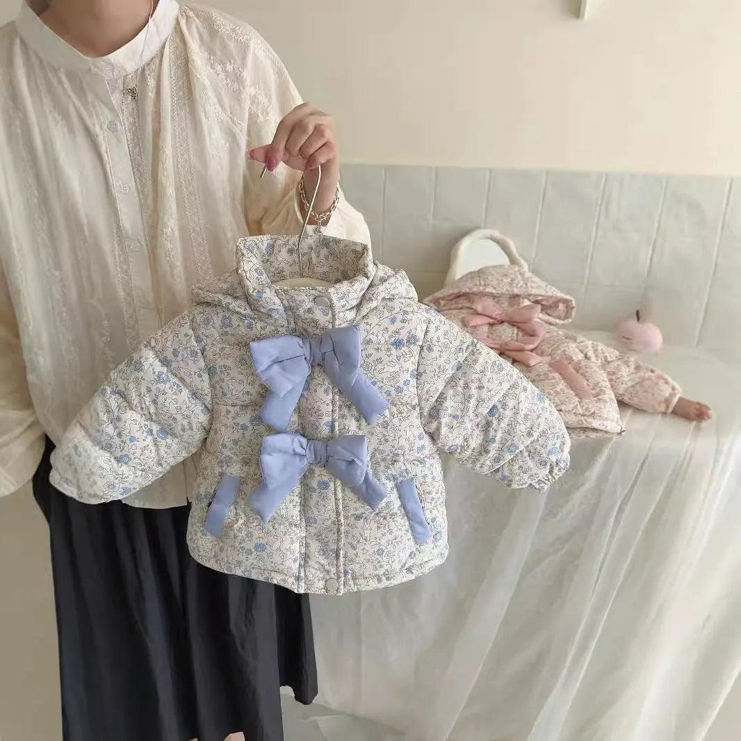 Baby girl floral print hooded winter jacket with bow in blue and white porcelain blue colour