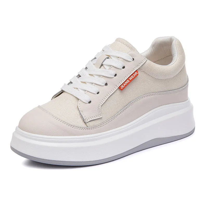 Women's beige and pink cowhide leather board shoes with thick soles for height increase.