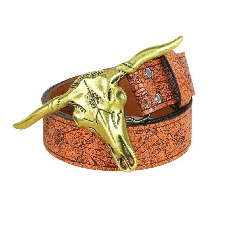 Men's black imitation leather belt with decorative alloy cow head buckle and pin buckle fastening