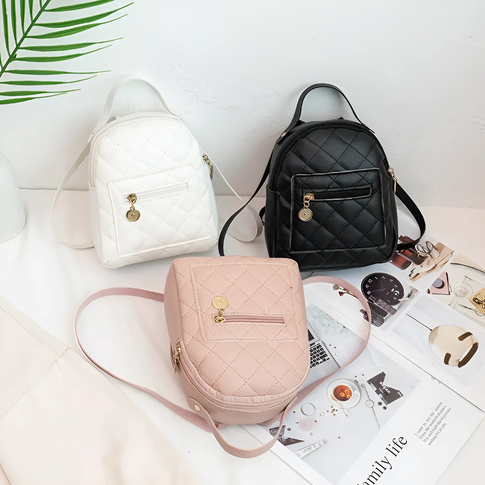 Girls' hard PU backpack with Korean embroidery in black, vertical square shape with soft carry handle