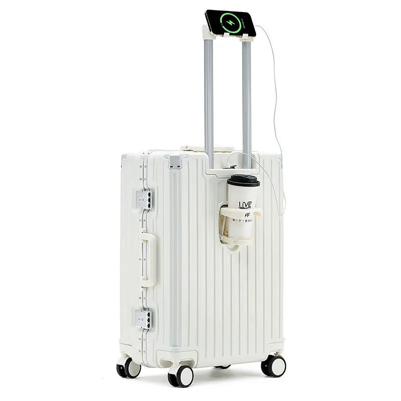 Aluminium frame ABS PC trolley case in avocado green with universal wheels and a USB port.