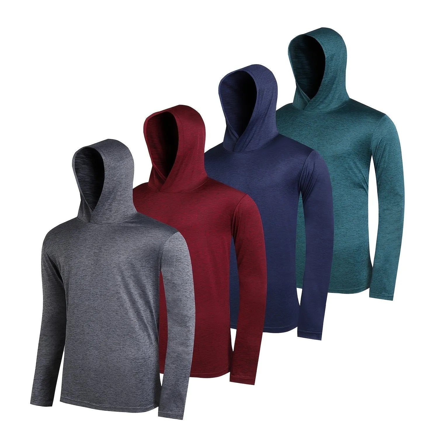 Four-pack of men's lightweight polyester hooded sweatshirts in various colours on hangers.
