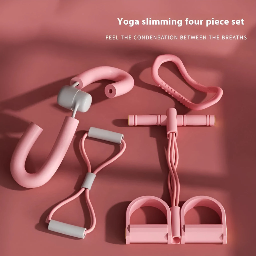 Yoga four piece fitness set showing leg stretcher, yoga ring, pedal device and tension rope