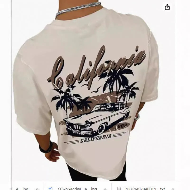 Men's short-sleeved printed sports t-shirt in a casual streetwear style, showing digital print detail.