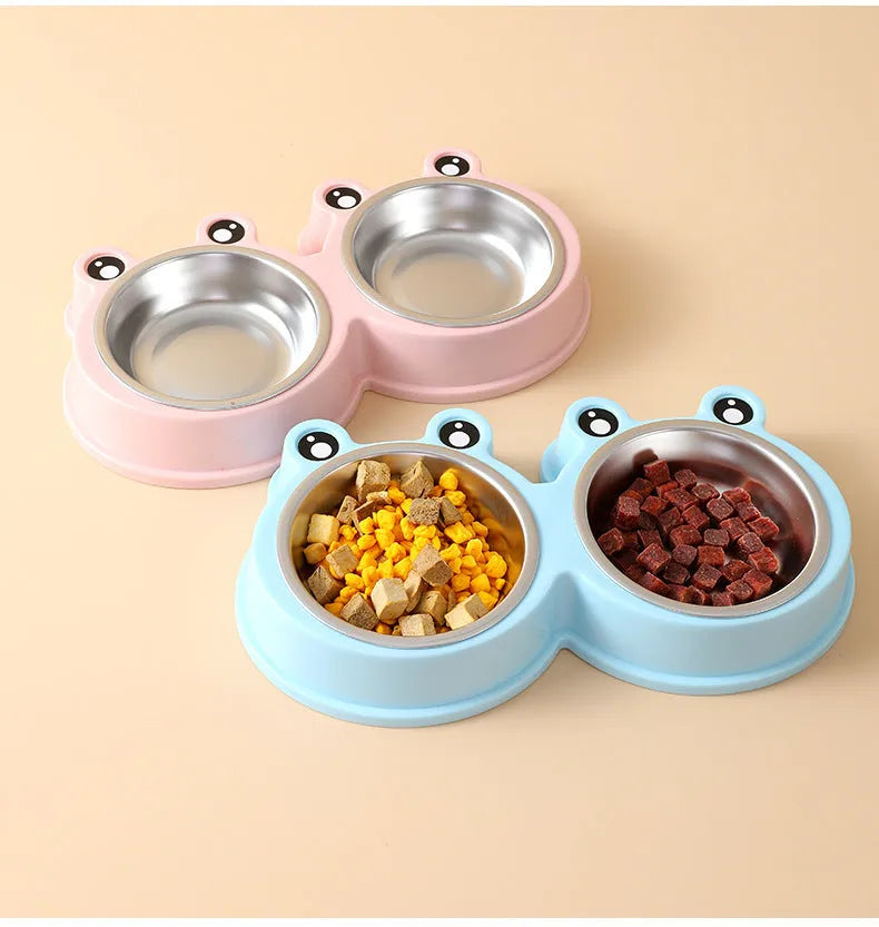 Stainless steel pet double bowl with frog water reservoir in blue, green or pink colours
