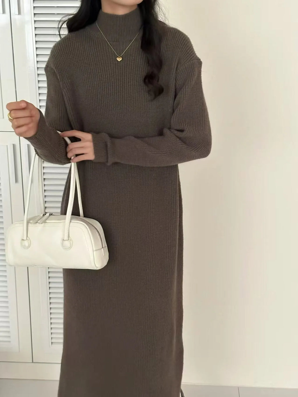 Women's beige half turtleneck knitted dress with long sleeves and high waist