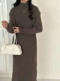 Women's beige half turtleneck knitted dress with long sleeves and high waist