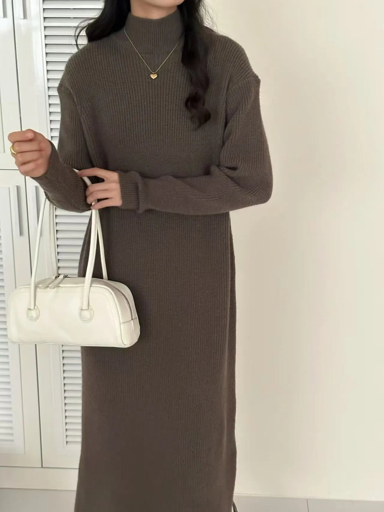 Women's beige half turtleneck knitted dress with long sleeves and high waist