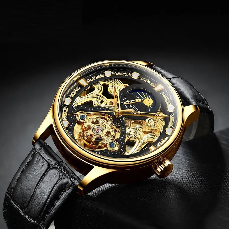 Gold and white leather strap automatic waterproof men's business watch