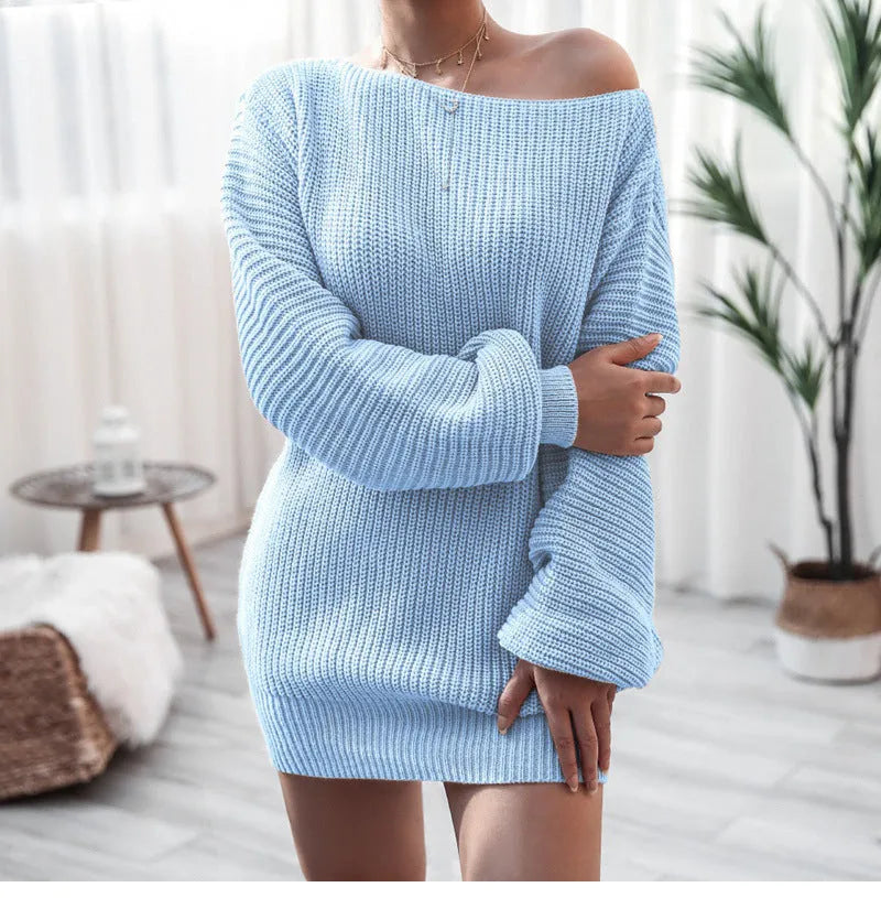 Women's knitted sweater dress with lantern sleeves in solid colour, medium length pullover design